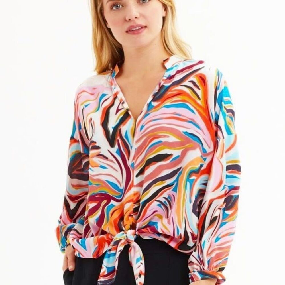Marie Oliver Silk Abstract Top Size XS Multicolor Tie Front